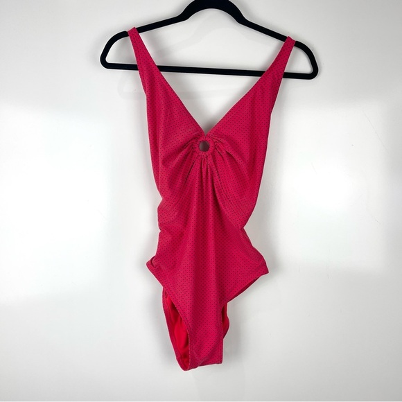 DKNY Red One Piece Swimsuit Blue Polka Dot Cut Outs Women's Size 12 - Picture 1 of 6